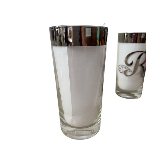 Set of 4 Vintage Silver Rim Highball Glasses Monogram R MCM Barware 5.5" - Picture 5 of 11
